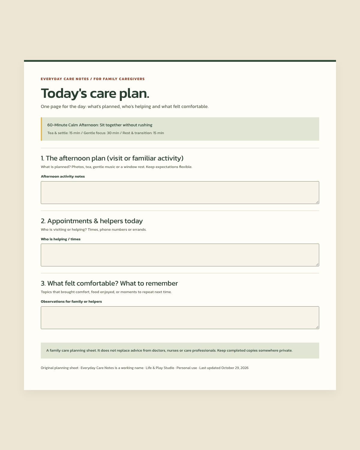 Free printable daily care plan for family caregivers with spaces for afternoon visits, helpers, and comfort notes