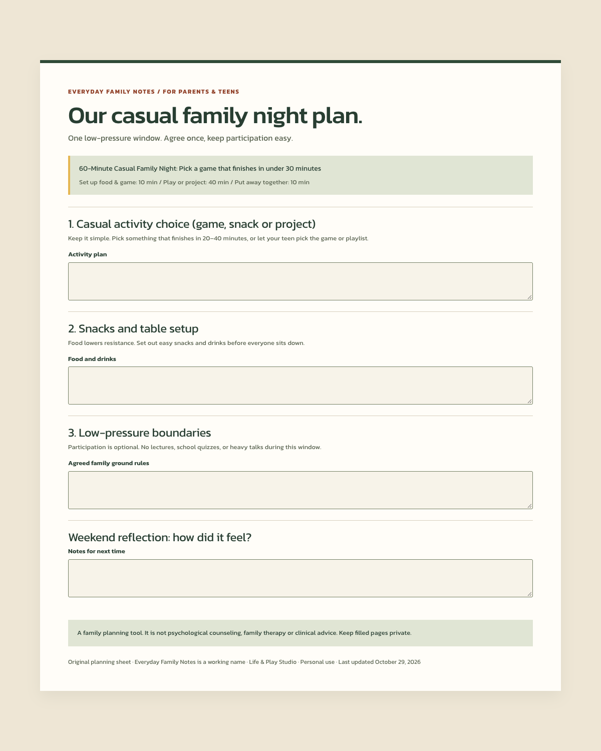 Free printable family night planning sheet for parents and teenagers aged 13–17
