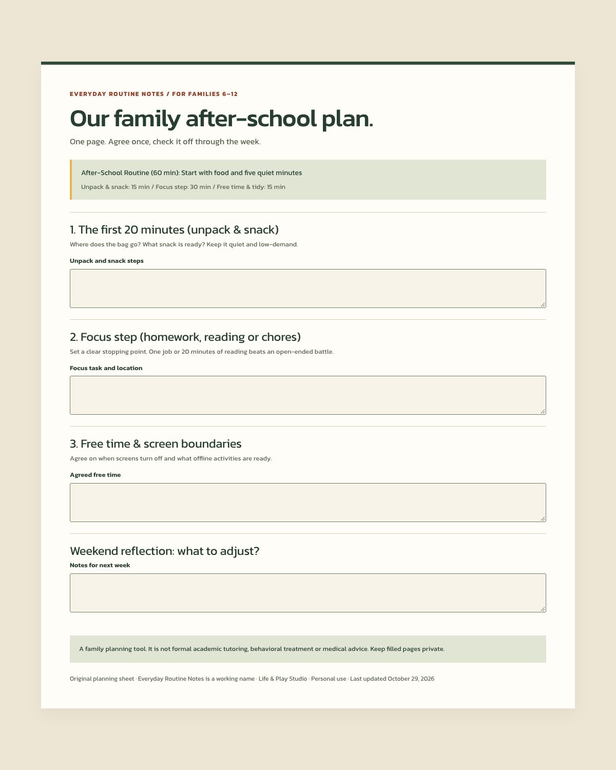 Free printable after-school routine chart with spaces for unpack, focus step, and screen boundaries