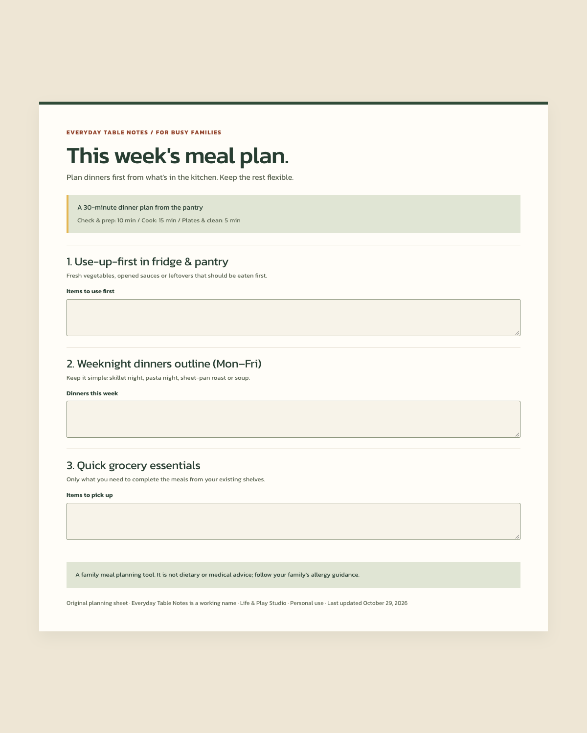 Free printable weeknight dinner planning sheet with pantry staples and quick prep steps